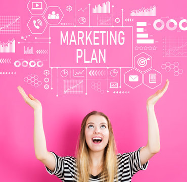 Marketing plan with young woman reaching and looking upwards