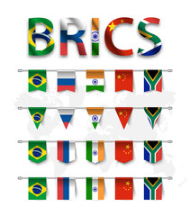 BRICS . association of 5 countries ( brazil . russia . india . china . south africa ) . and various shape nation flag of country membership hanged on pole and world map background . Vector