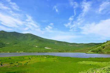 Fototapeta na wymiar 知床　秘境　羅臼湖、知西別岳を望む 