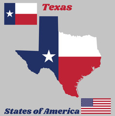 Map outline and flag of Texas, blue containing a single centered white star. The remaining field is divided horizontally into a white and red bar. With American flag.