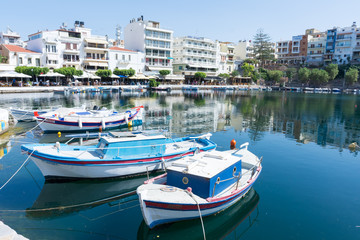 Agios Nikolaos. Crete. Boats at the pier on lake