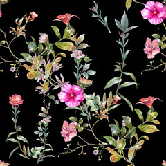 Watercolor painting of leaf and flowers, seamless pattern on dark background