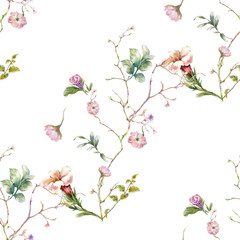 Watercolor painting of leaf and flowers, seamless pattern on white background