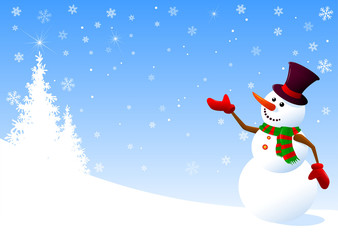 Snowman greeting. Snowman on a background of fir-trees and snowflakes. 