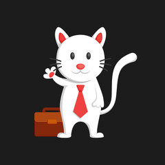 Cute white cat business man say hallo and waving hand cartoon character illustration