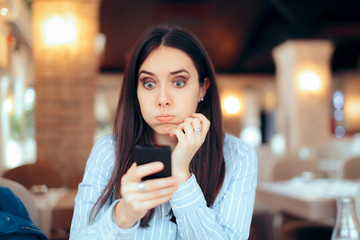 Worried Girl Reading Urgent SMS Text on Smartphone 
