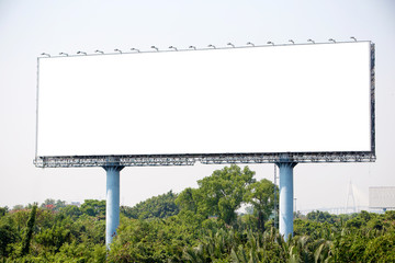 blank billboard on the sideway in the park. image for copy space, advertisement, text and object. white billboard in natural green.