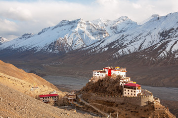 Picturesque view of the Key Gompa Monastery (4166 m) at sunset. Spiti valley, Himachal Pradesh, India. - obrazy, fototapety, plakaty