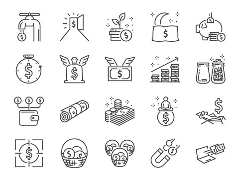 Passive income line icon set. Included the icons as Financial freedom, expenses, fee, investing and more
