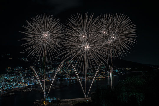 "This Atami display was held in Atami in Shizuoka Prefecture, Japan. It is an enlarged picture focusing on the center of fireworks. The center of the fireworks is expressed fantastically."