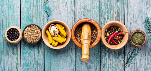 Variety of spices on kitchen table