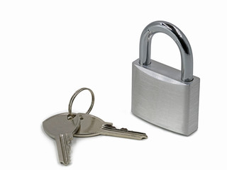 silver padlock with two keys isolated on the white background