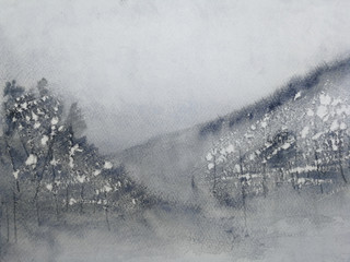 watercolor landscape mountain fog in winter.traditional oriental ink asia art style