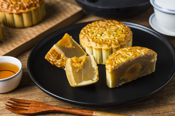 Mid Autumn Festival Chinese Traditional Pastry Mooncake，The Chinese character on the mooncake represent 