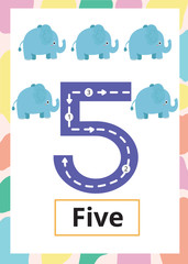 Number Tracing Worksheet five, 5, Kid number five with elephant.