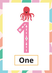 Number Tracing Worksheet one, 1, Kid number one with octopus.