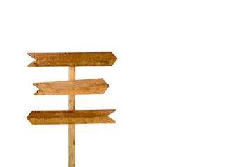 Empty Signage Isolated White Background.three way Wooden sign isolated on white