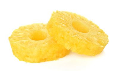 Slices of Fresh pineapple, Donut shapes, Canned pineapple, isolated on white background.