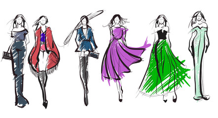 Sketch. Fashion Girls on a white background. Vector illustration.