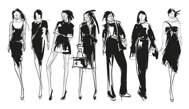 Stylish fashion models. Pretty young girls. Fashion girls sketch set