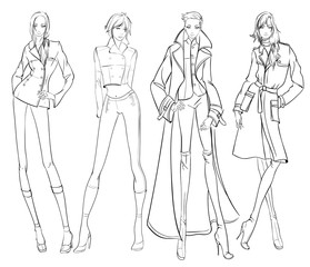Stylish fashion models. Pretty young girls. Fashion girls Sketch