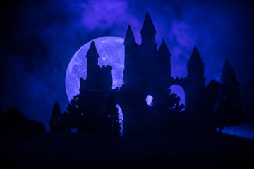 Obraz premium Mysterious medieval castle in a misty full moon. Abandoned gothic style old castle at night