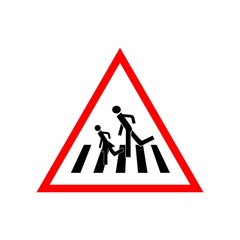 Crosswalk sign black in red triangle. Icon a pedestrian place for child near school. Symbol safety traffic human on road. Label for banner about crossing way. Design element. Vector illustration.