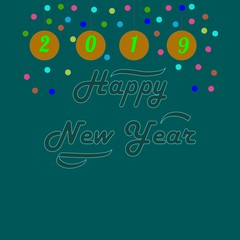 Happy New Year 2019 hand lettering of ball on green square. Fashion graphic background design. Modern stylish abstract texture. Colorful template for prints, card, poster banner. Vector illustration