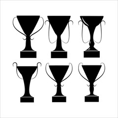 Set silhouette cup award. Modern symbol of victory, award achievement sport. Insignia ceremony awarding of winner tournament. Monochrome template for badge, tag. Design element. Vector illustration.
