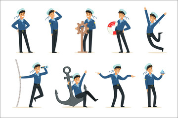Sailor character doing his job set. Seaman in different situations cartoon vector Illustrations - obrazy, fototapety, plakaty