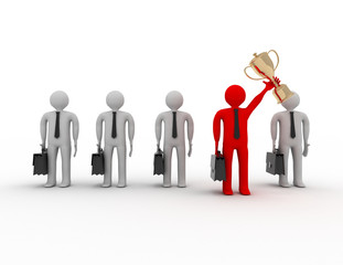 3d people - man, person and a big golden trophy. Businessman. rendered illustration