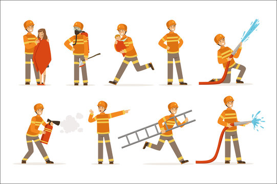 firefighters in orange uniform doing their job set. Fireman in different situations cartoon vector Illustrations