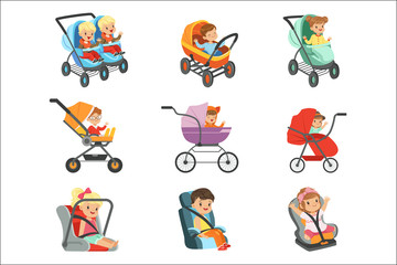 Baby carriage set. Different types of children transport colorful Illustrations