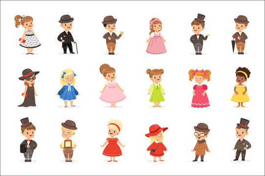 Cute children in elegant clothes for official social events. Kids in historical costumes cartoon colorful Illustrations