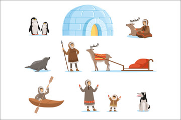 Eskimo characters in traditional clothing and their arctic animals. Life in the far north. Set of colorful cartoon detailed vector Illustrations - obrazy, fototapety, plakaty