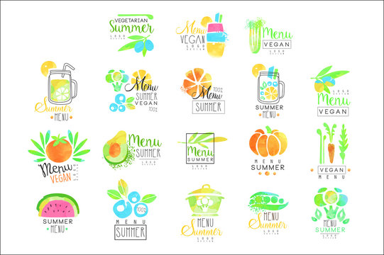 Summer vegetarian menu set for logo design. Collection of colorful Illustrations