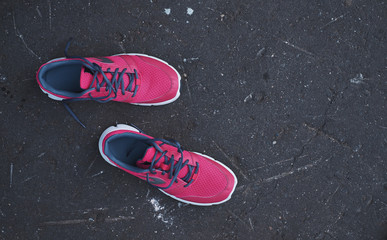Pink trainers shoes on a asphalt road