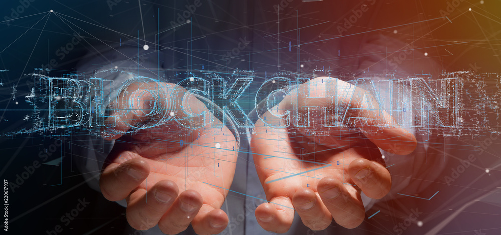 Poster man holding a blockchain title isolated on a background