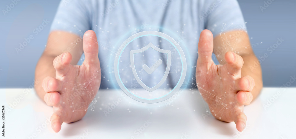 Poster man holding a shield web security concept 3d rendering