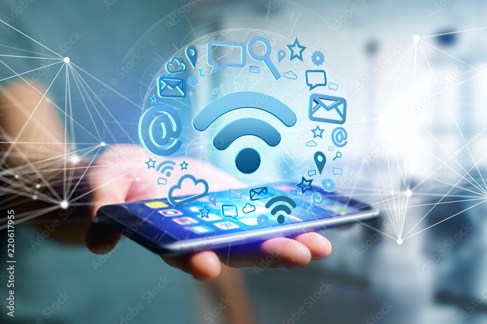 Poster wifi symbol connection surrounded by multimedia and internet application logo - 3d rendering