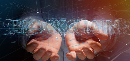Man holding a Blockchain title isolated on a background