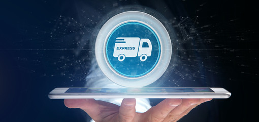 Businessman holding a Fast delivery button with connection 3d rendering