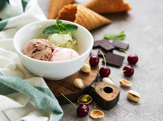 set of ice cream scoops of different colors and flavours