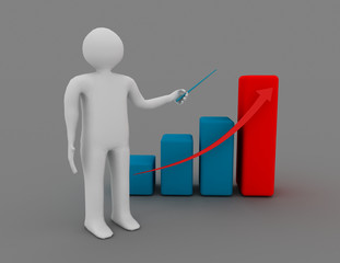 3d man presenting business growth chart graph over gray background