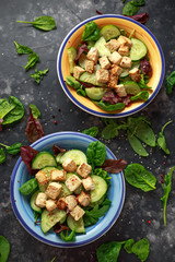 Fried Tofu Salad with Cucumbers, Sesame Seeds and green vegetables