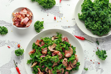 Homemade Kale Mushrooms, Bacon salad with chilli and balsamic vinegar dressing