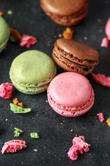Sweet colorful macarons dessert, almond cake, cookies. selected focus.