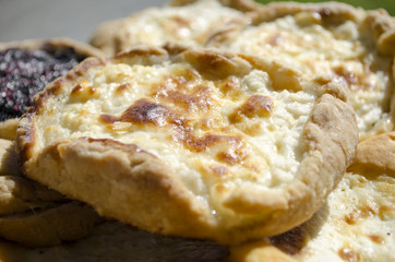 Delicious homemade pies on the windowsill village background