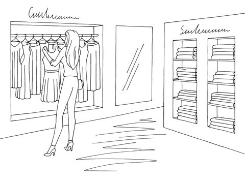 Shop interior graphic black white sketch illustration vector. Woman choosing a dress