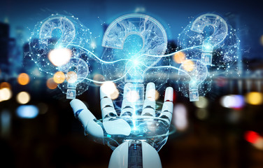 Cyborg solving problem with digital question marks 3D rendering